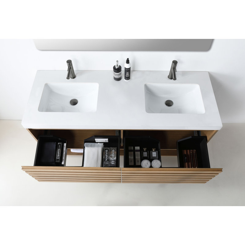 Matera 60" W Double Vanity, White, Pecan Oak