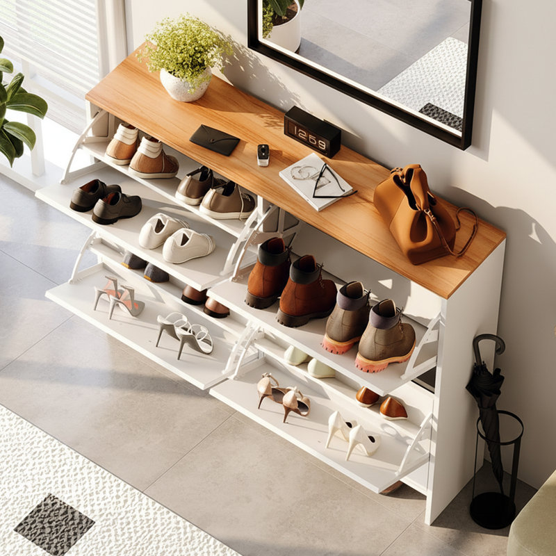 42" W 4-Flip Drawer Flat Top Shoe Cabinet With Silver Metal Handles, White