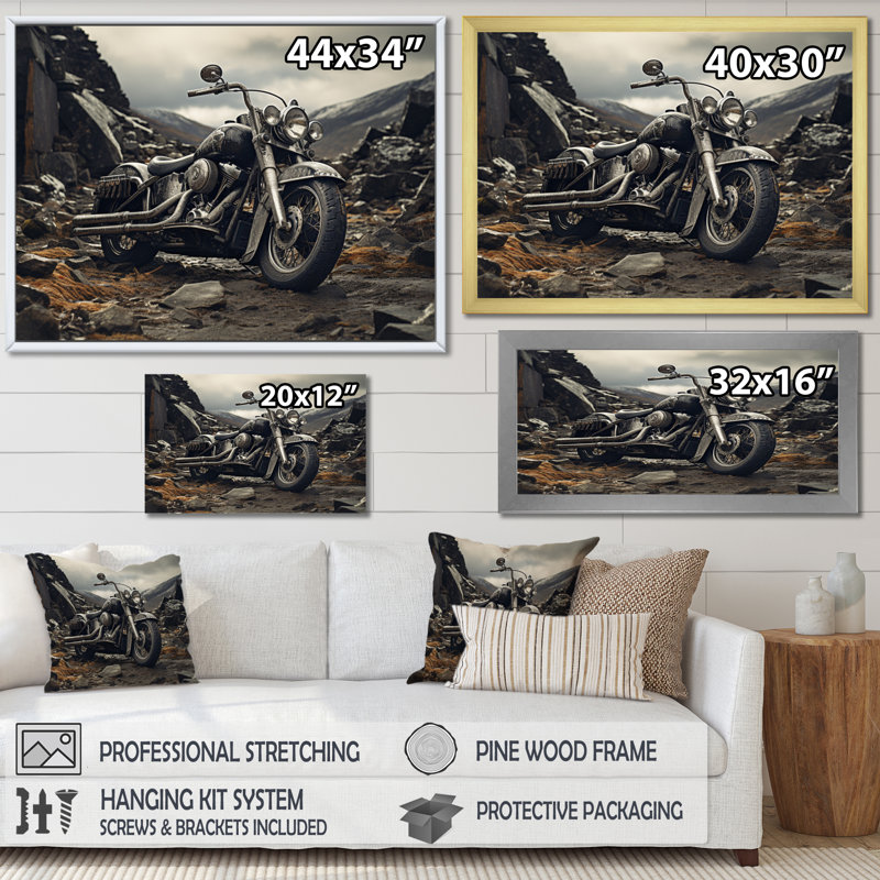 «Jarette Grey Moto», photographie de paysage monochrome encadrée, Toile tendue, H 16 po x l 32 po x P 1 po