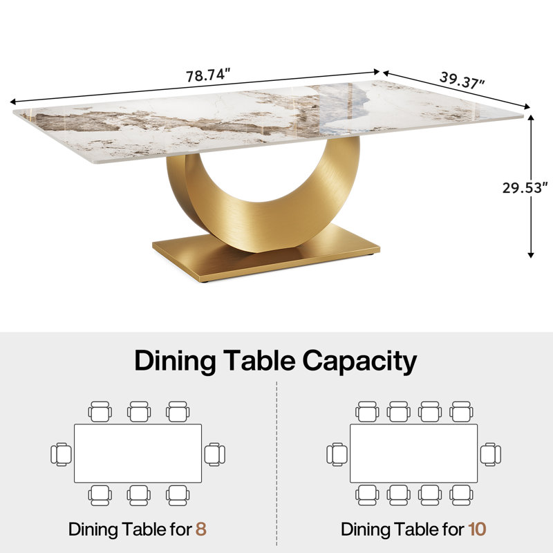 78.7" White Sintered Stone Dining Table with Gold Stainless Steel Base