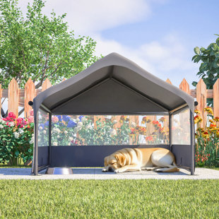 Extra Large Outdoor Dog House Tent With 3-Sided Mesh Windows, Breathable Sun Rain Cover Pet Shelter With Canopy And Ground Stakes For Dogs, Cats, Livestock – 4' X 4' X 3.3', Gray