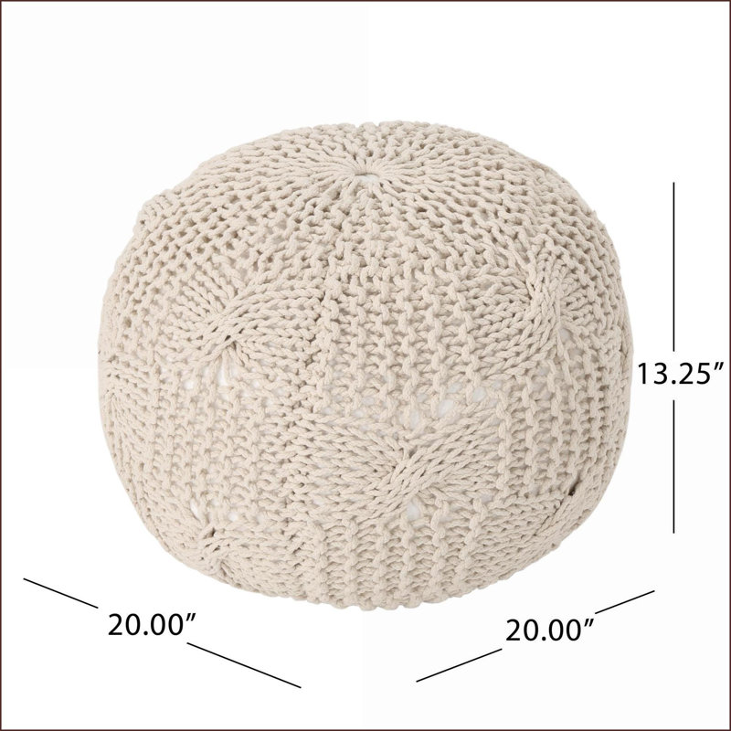 Ottoman Round Knitted Cotton Pouf – Multi-Use Ottoman/Floor Cushion, Beige | Beige | Cotton, Beige