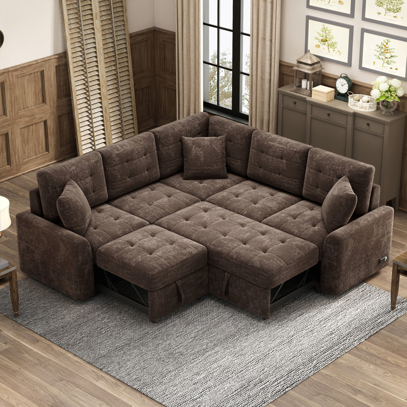 82.6" L-Shape Sofa Bed Pull-Out Sleeper Sofa With Wheels, USB Ports, Power Sockets For Living Room, Brown Velvet