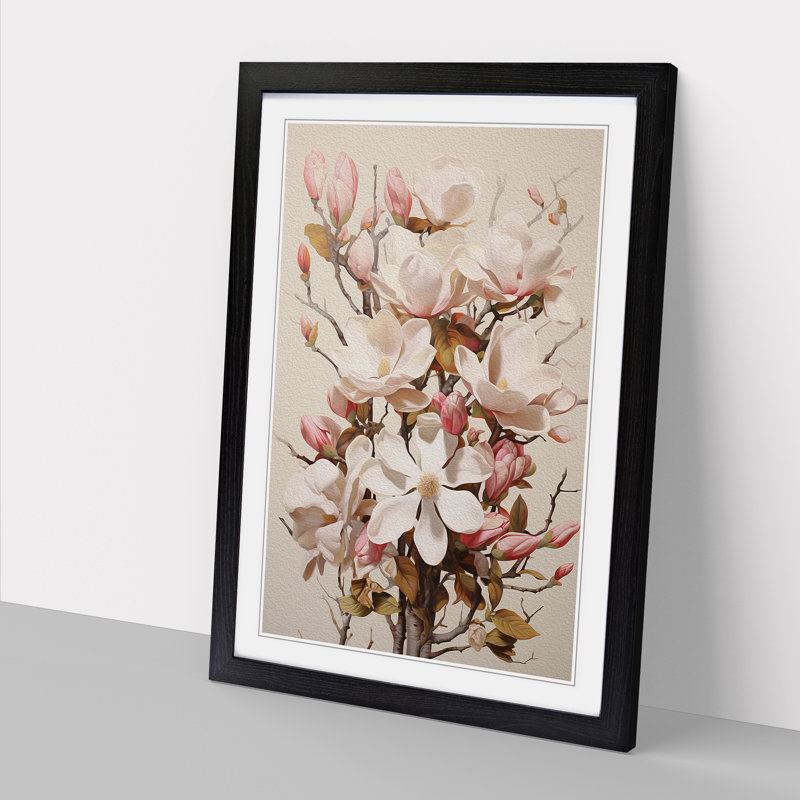 XYZ-FRM-V1223-4418 Magnolia Flower Dadaism - Single Picture Frame Print on Wood, Black , 64cm H x 46cm W x 2cm D