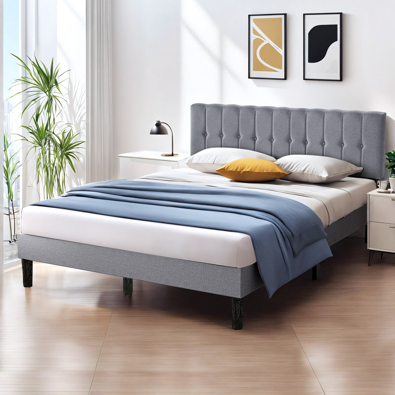 Upholstered Platform Bed Frame With Tufted Fabric Adjustable Headboard, No Box Spring Needed, Gray, King