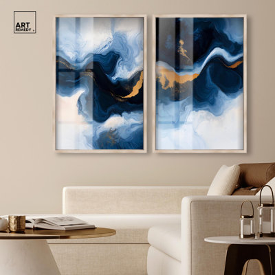 Blue Deep Harmony Shadowbox Print Blue and Sage Art Set by Art Remedy, Blonde Frame, 24 x 36