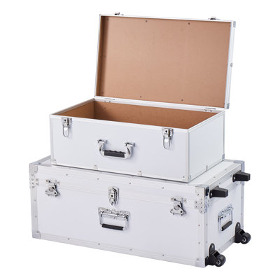 Coffre de rangement en métal, ensemble de 2 boîtes de rangement en bois avec cadenas, grand coffre comprenant des roulettes et 3 poignées en métal, coffre de rangement décoratif avec couvercles pour le voyage, appartement, dortoir, blanc