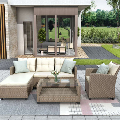 Outdoor, Patio Furniture Sets, 4 Piece Conversation Set Wicker Ratten Sectional Sofa With Seat Cushions(Beige Brown) -  Red Barrel StudioÂ®, 73F5526AE58141DA9E5975A4C6753DE0