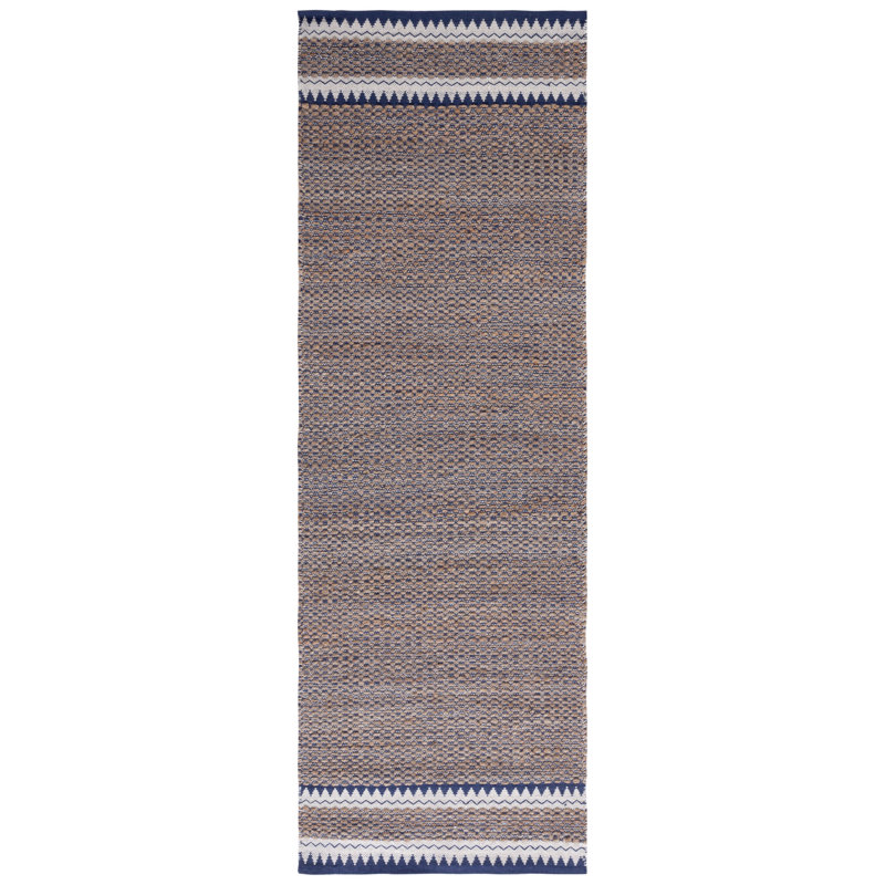 Krew Natural Fiber Hand Woven Jute/Wool Geometric Rug in Natural/Navy, Runner 2'6" x 8'
