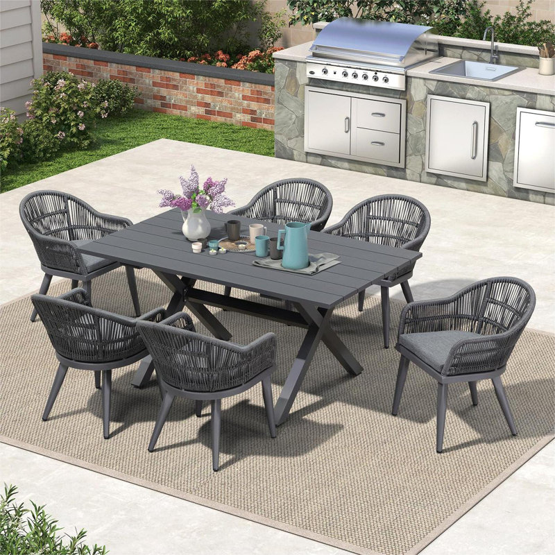 Corrigan Studio  Patio Dining Set With Outdoor Aluminium Dining Table And Woven Rattan Chairs Modern Metal Furniture Cushions Sets For Garden Yard Indoor Decor Kitchen Grey