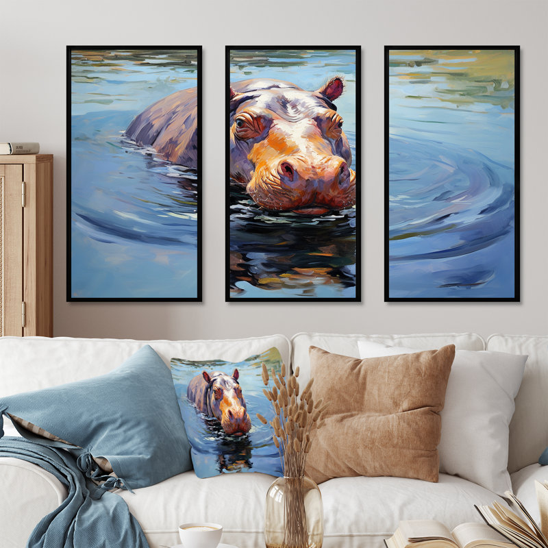 «Curious Water Hippo - Hippopotamus», art mural, H 28 po x l 36 po, Cadre flottant noir