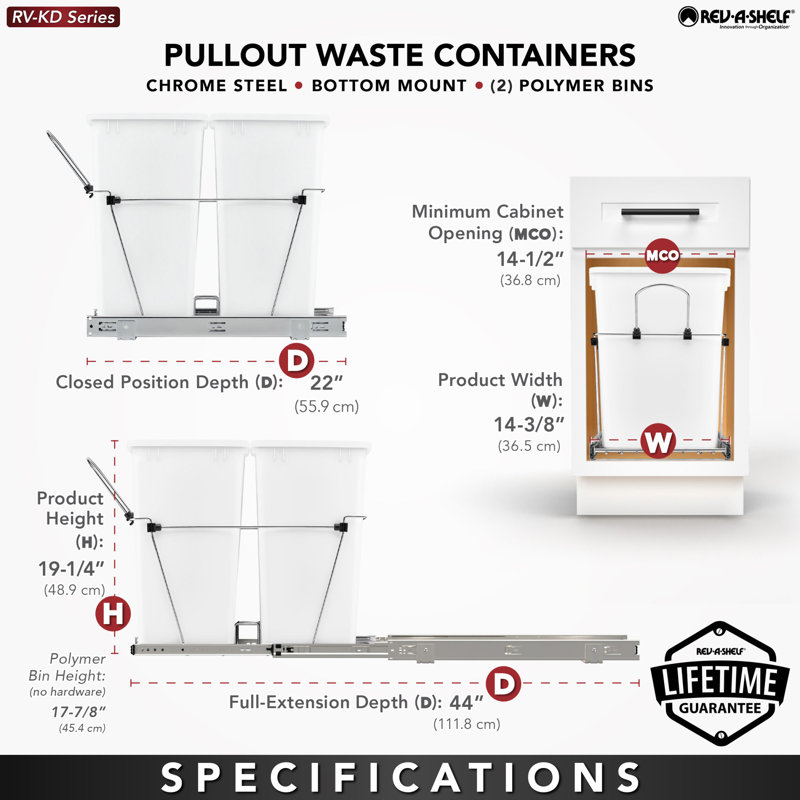 Double Sliding Pull-Out Waste Bin Containers, Red/Black, 19.25" H x 14.38" W x 22" D, 8.75