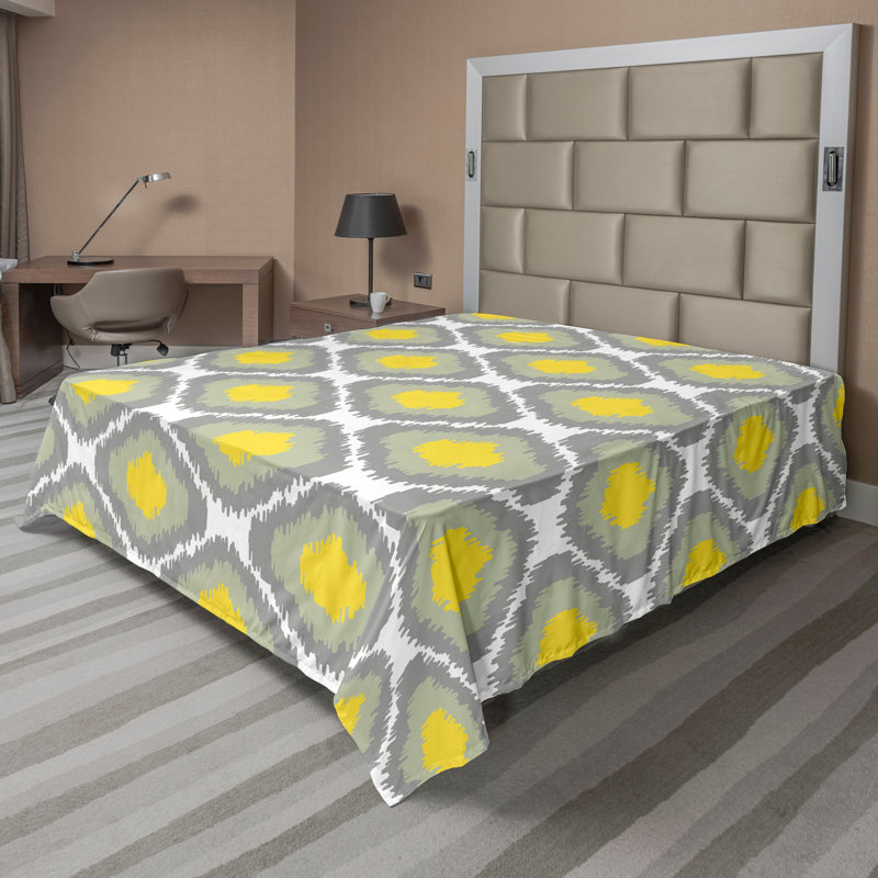 Ambesonne Top Flat Sheet Curving Art, Gray White Yellow Ikat, King Flat Sheet