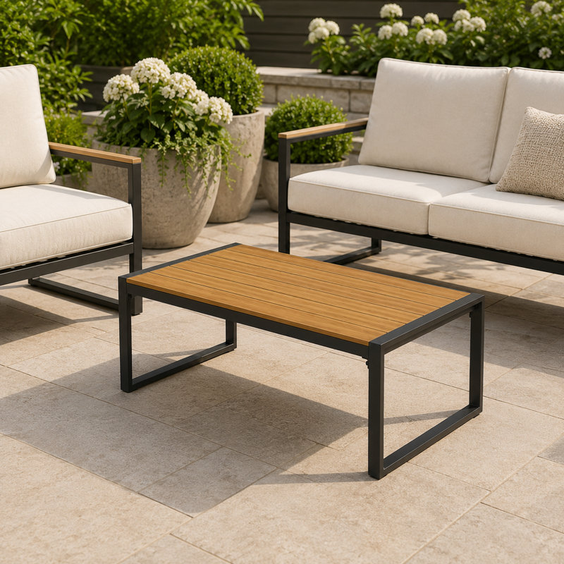 Table basse d'extérieur avec cadre en acier résistant aux intempéries et plateau en grain de bois