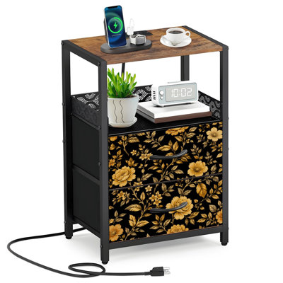 Table de chevet 2 tiroirs en tissu avec station de charge Élégante table de chevet à motif floral beige et noir avec ports ouverts et prises USB