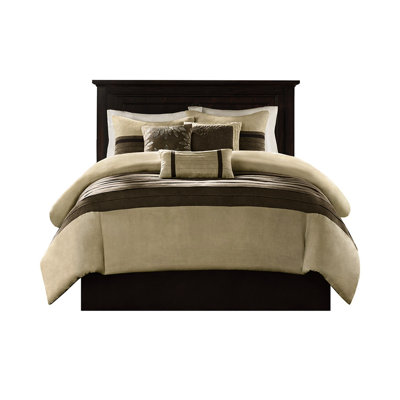 Édredon pour grand lit - 7 pièces en faux suède, détails brodés, literie facile à nettoyer, jupe de lit