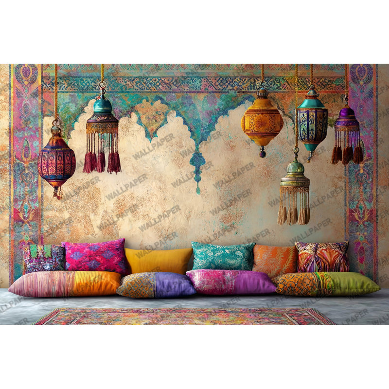 Murale lanterne marocaine | Papier peint adhésif coloré boho oriental coloré | Décoration murale de salon amovible, Non-Woven