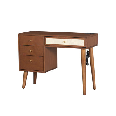 Ensemble coiffeuse en bois de style bohémien rétro avec prise de charge, port USB et tabouret, coiffeuse avec tiroirs de rangement