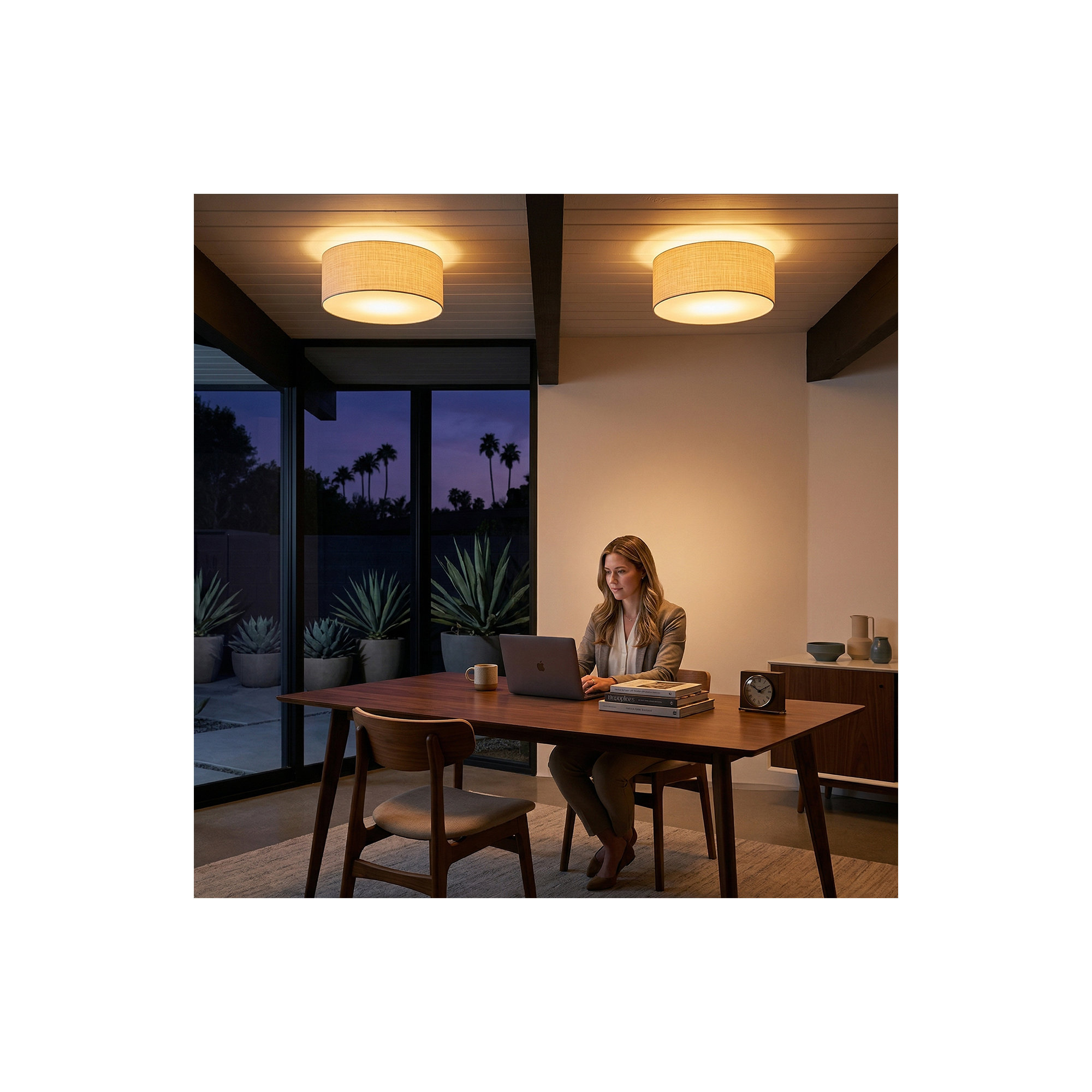 Stretch Flush Mount, White Linen Shade, Weathered Brass, White