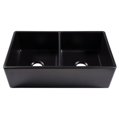 Austen Matte Black Fireclay 33"" Double Bowl Farmhouse Apron Front Undermount Kitchen Sink -  Sinkology, SK496-33FC-MB-SS