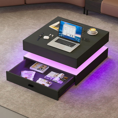 Black Led Coffee Table For Living Room,2-tier Living Room Table Square Middle Center Table With Storage Drawers, Modern High Gloss Coffee Tables With by Latitude Run