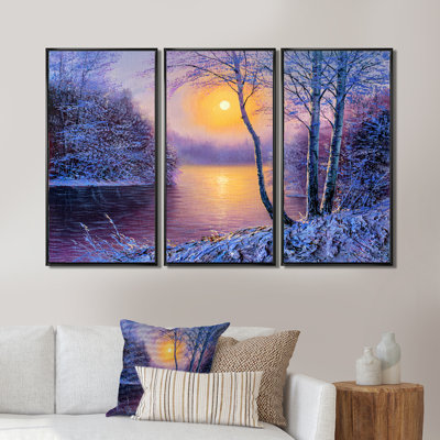 «Warm Sunshine Reflection Over Winter Forest River II», reproduction de photo sur toile 3 pièces