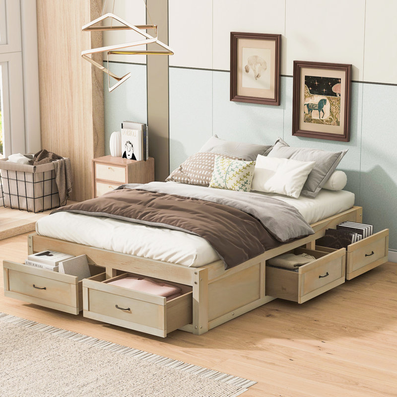 Lit plateforme double avec 6 tiroirs de rangement, Naturel antique