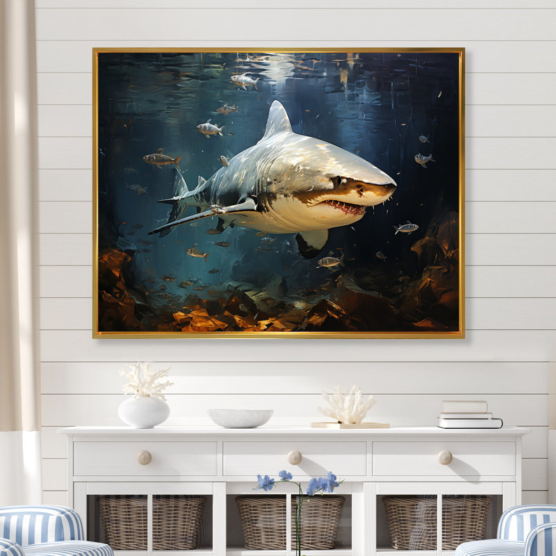 Requin sous l'eau II - Sharkwall Art, Cadre flottant doré, H 12 po x l 20 po x P 1 po