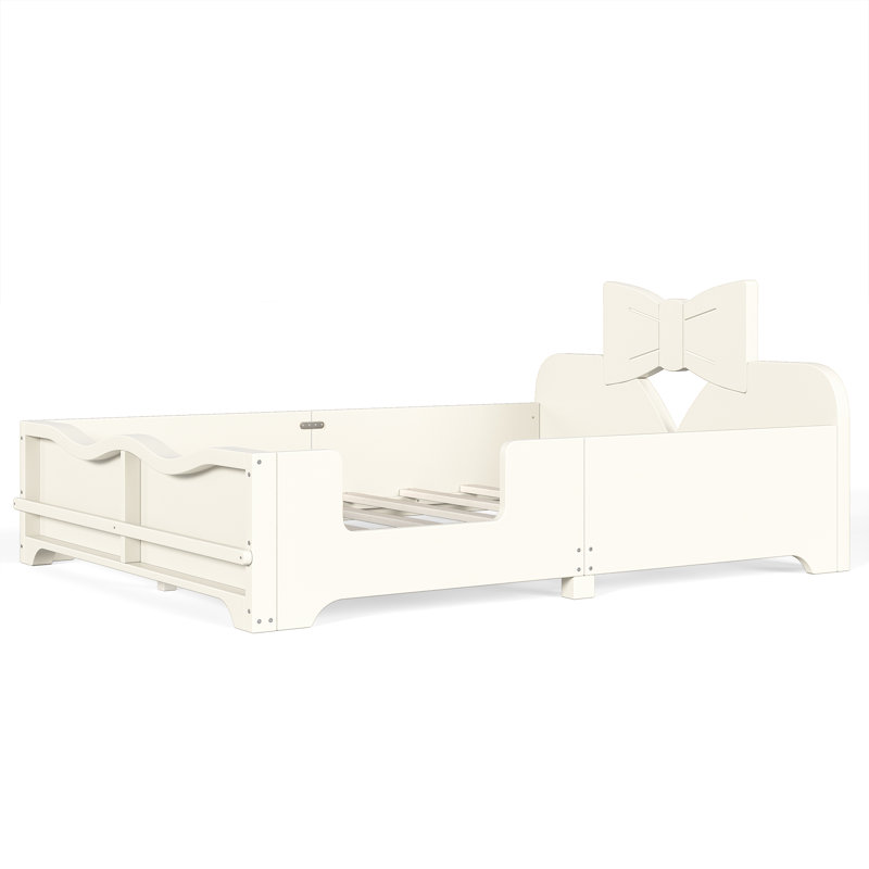Lit plateforme pour enfant pleine grandeur avec garde-corps, tête de lit et bibliothèque latérale Bowknot, lit bas, pas de sommier, beige