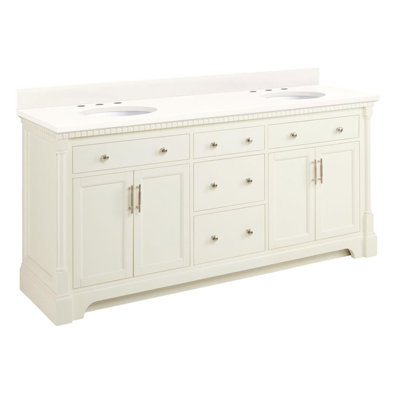 Claudia 72" Freestanding Mahogany Double Basin Vanity Set with Cabinet, Vanity Top, Arctic White Quartz, White