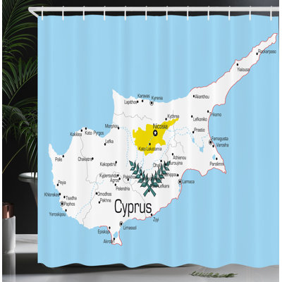 East Urban Home Cyprus Shower Curtain Country Map with Flag Art Pale Sky Blue and White