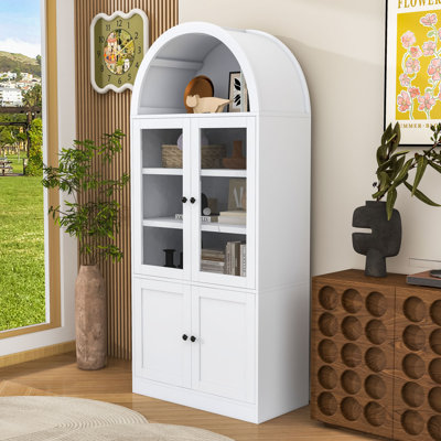 Tall Arched Bookcase with Tempered Glass Doors, 5-Tier Shelving and Soft-Close Hinges for Living Room, or Study