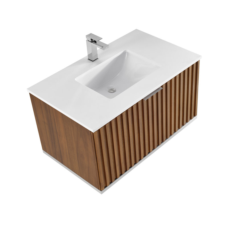 Terra 36'' W Single Vanity, Walnut, Brushed Nickel, White Quartz/Single Faucet Mount