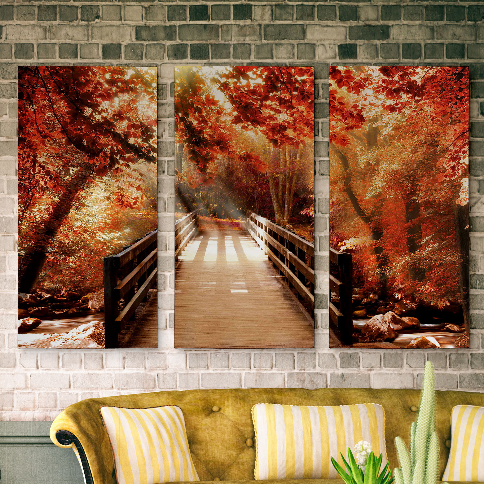 Charlton Home® 'Autumn Bridge' - 3 Piece Photograph Print Set on Canvas ...
