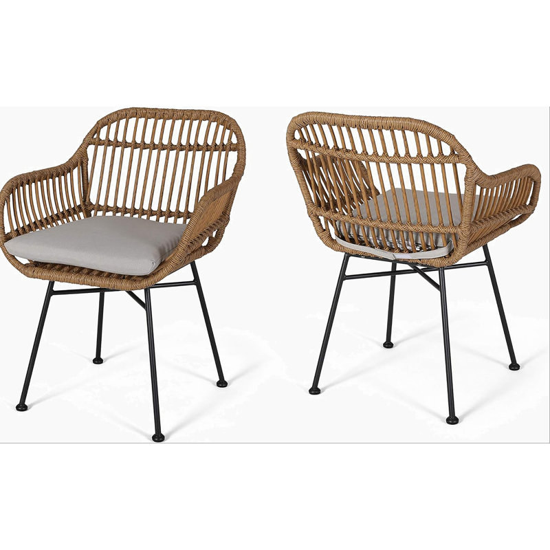 Chaises d'extérieur en rotin tissé avec coussins (ensemble de 2) Christopher Knight Home Rodney, brun clair et beige