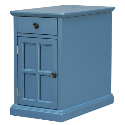 U-can vintage living room end table | antique navy side table with usb ports | multifunctional drawer and cup holders