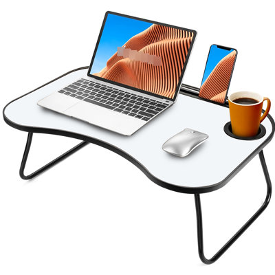 Bureau pliable pour ordinateur portable en gris et blanc mat, matériau en métal et en bois, surface lisse avec rainure en forme de coupe, idéal pour les adultes pour travailler ou faire leurs devoirs, sur canapé, voyages en voiture dans la cour en boi