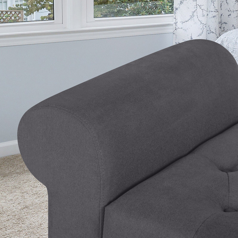 Gray Upholstered Storage Bench with Rolled Arms and Solid Wood Legs