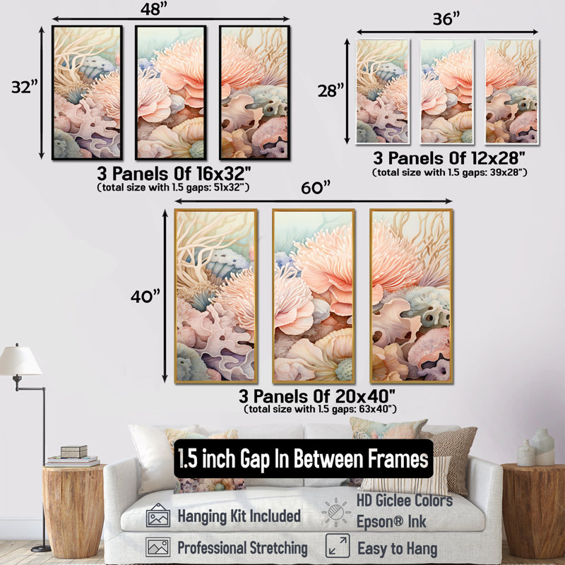 Ensemble de décorations murales Sea Anemone Pastel Elegant I - Coastal Coral Under Water, Cadre flottant doré