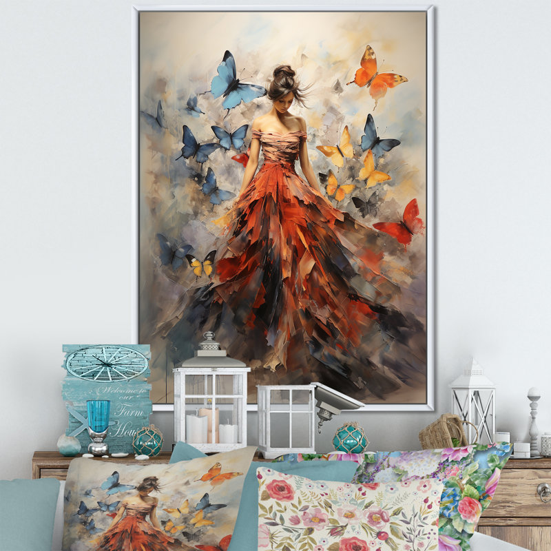 Papillon et femme dansant I - art mural papillon, Reproduction avec cadre flottant, H 32 po x l 24 po, Blanc