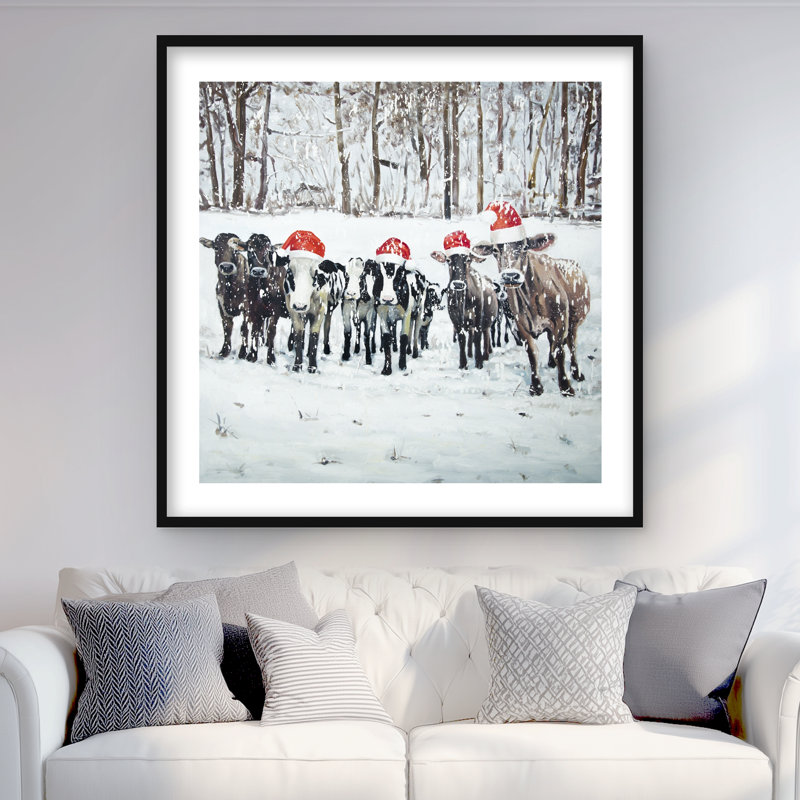 Curious Christmas Cows - Reproduction matte encadrée pour la décoration intérieure, H 36 po x l 36 po, Noir