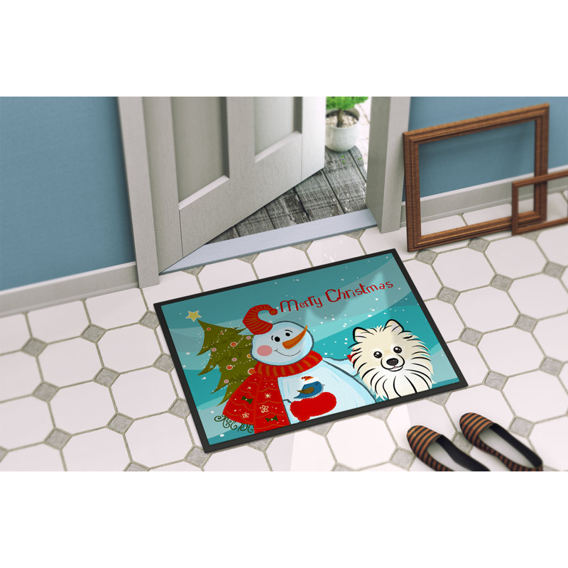 Tapis de porte d’extérieur anti-dérapant bonhomme de neige avec poméranie, Rectangle 1 pi 6 po x 2 pi 3 po