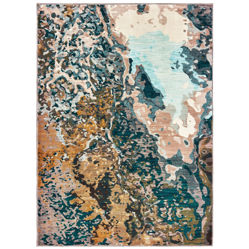 Tapis abstrait bleu / doré Jovie, Rectangle 9 pi 10 po x 12 pi 10 po