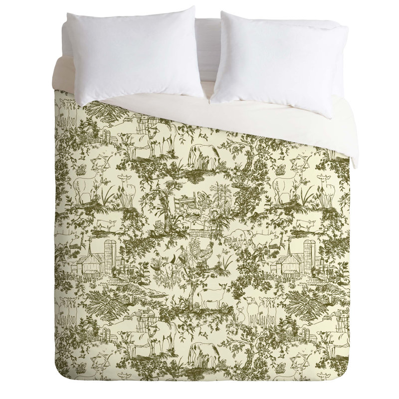 Rachelle Roberts Polyester Toile Duvet Cover, King Duvet Cover + 2 King Pillowcases, Green/White