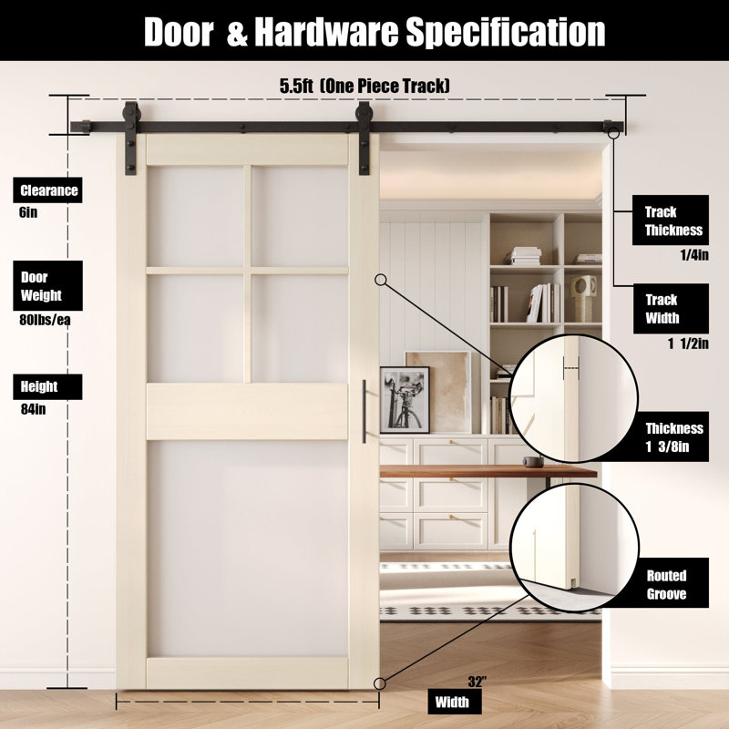 Porte de grange en verre givré non assemblée et non assemblée 32 po x 84 po à 5 lumières Homacer Tinsmith Grey, 32 po x 84 po