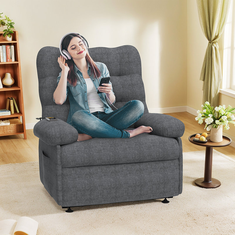 Breathable Fabric Recliner With Remote Control And Side Pockets, Reclining Chair Electric Sofas With Adjustable Backrest And Footrest