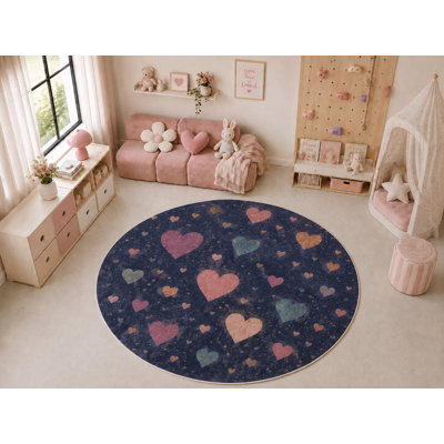 Tapis rond « ultra-fin » 180 x 180 cm à motifs de cœurs colorés, doux et léger, idéal pour la chambre d'enfant, la crèche, la salle de jeux, le salon et la décoration intérieure.