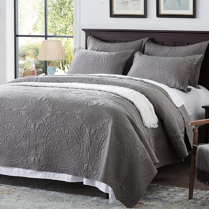 Polyester Percale Quilt, Twin Quilt + 1  Shams, Gray