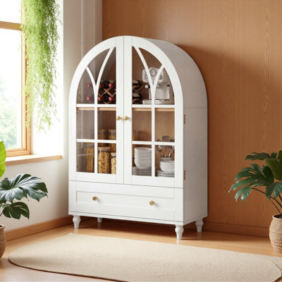 Vitrine arquée avec portes en verre trempé, armoire de rangement en bois avec pieds en bois massif et armoire avec tiroirs pour le salon, la salle à manger, le bureau