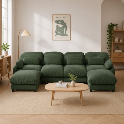 U-Shaped 4 Seater Sofa Chenille Fabric Removable Ottoman for Living Room Green